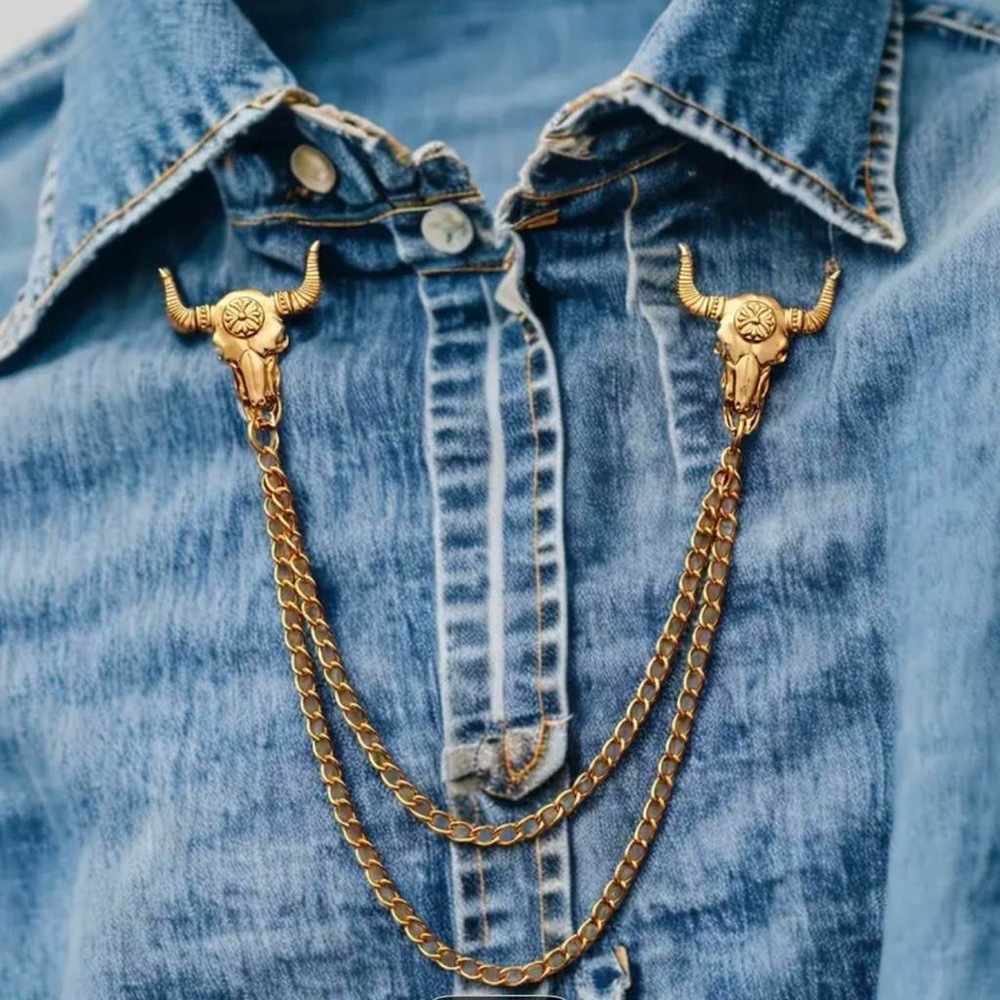 Gold Bull Skull Double-Chain Collar Brooch - Women Jewelry